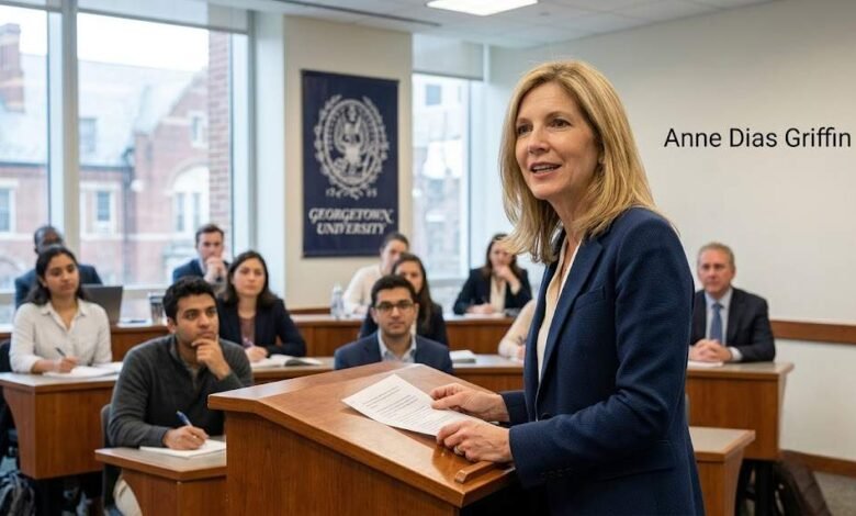 Anne Dias Griffin speaking at a podium while teaching a finance class at Georgetown University.